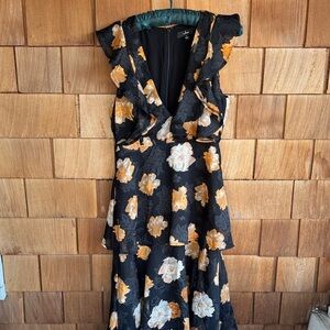 Lulu's Black and Gold Floral ruffled Dress
